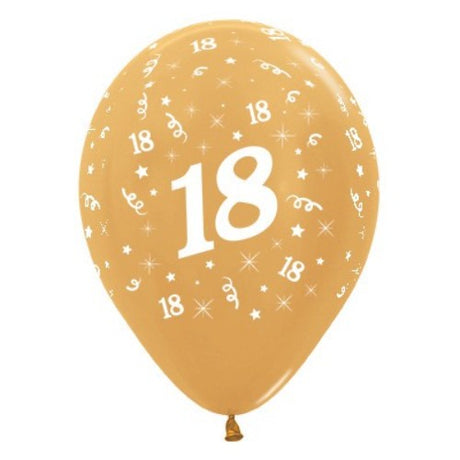 Pack of 25 gold metallic pearl balloons celebrating the milestone of turning 18, perfect for elegant birthday decor.