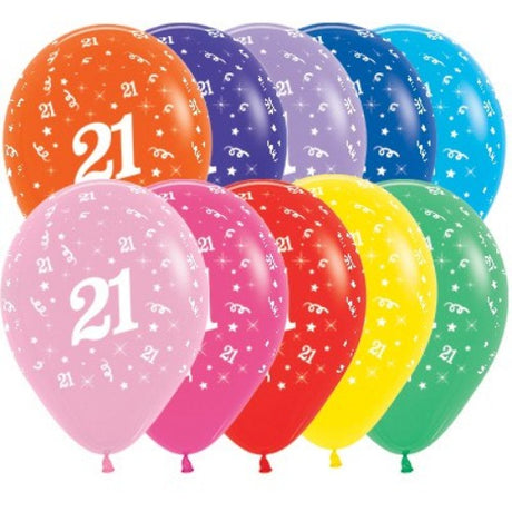 Vibrant pack of 25 latex balloons featuring stylish Age 21 designs, perfect for a memorable birthday celebration.