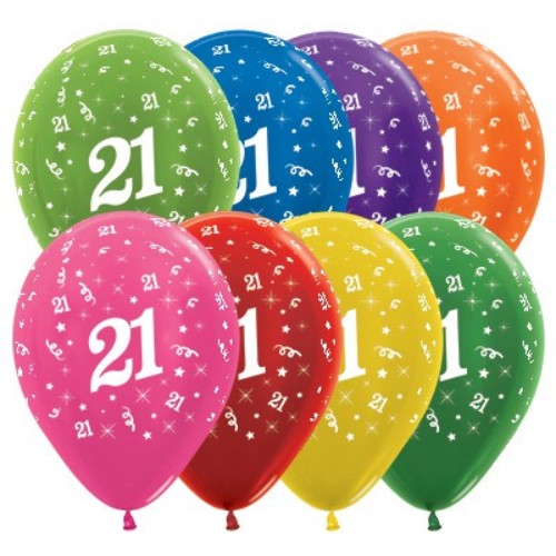 Metallic balloons featuring '21' design, 30cm, vibrant colors, perfect for 21st birthday celebrations, pack of 25.