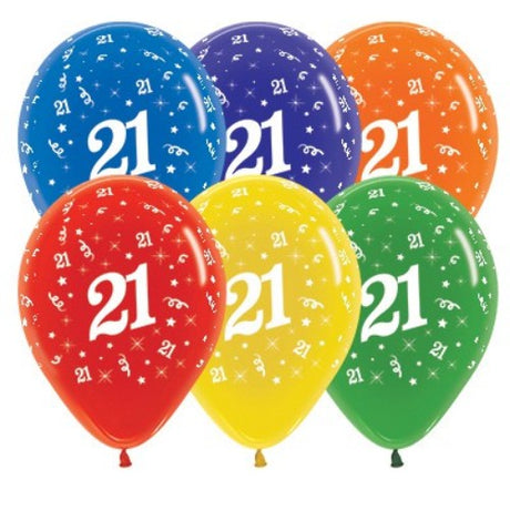 Vibrant 30cm latex balloons in jewel tones with elegant '21' design, perfect for celebrating a 21st birthday party.