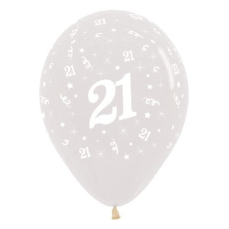 Pack of 25 crystal clear 30cm latex balloons celebrating age 21, perfect for elegant birthday decorations and parties.