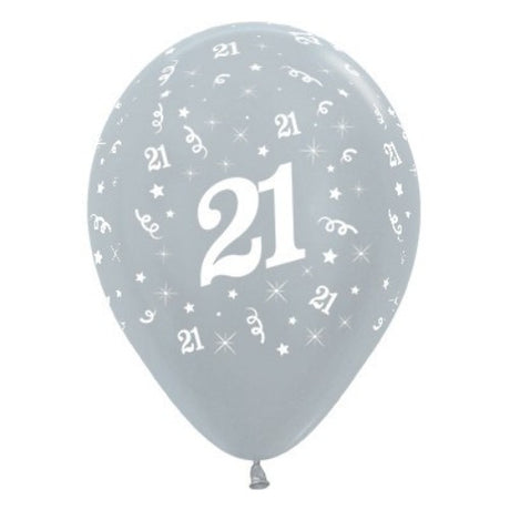 Pack of 25 silver metallic pearl balloons for 21st birthday celebrations, perfect for party decor and photo backdrops.