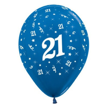 Pack of 25 blue metallic pearl balloons celebrating the milestone of turning 21, perfect for birthday decorations.