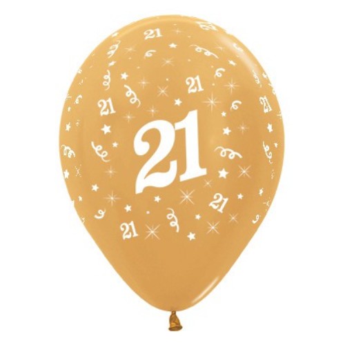 Pack of 25 gold metallic pearl balloons celebrating a 21st birthday milestone, perfect for elegant party decor.