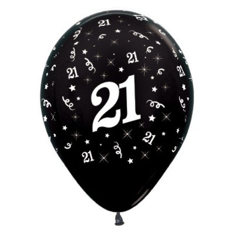 Black metallic pearl balloons celebrating age 21, 30cm, pack of 25, perfect for stylish birthday decor.