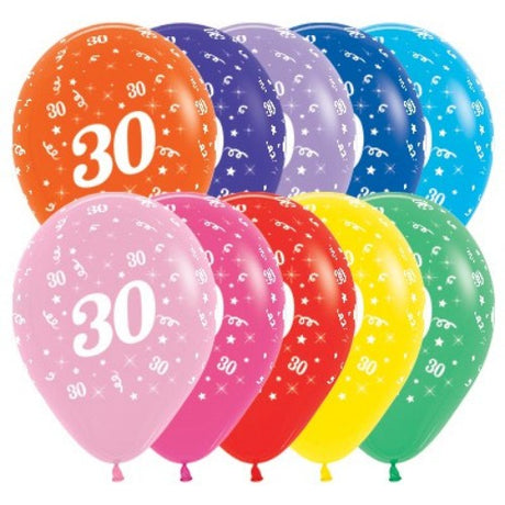 Vibrant pack of 25 latex balloons celebrating age 30, perfect for parties with fashionable designs and durable quality.