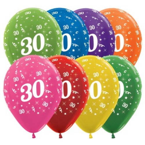 Metallic latex balloons in assorted colors for a vibrant 30th birthday celebration, pack of 25, 30cm size.