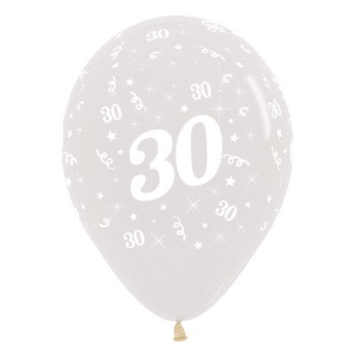 Crystal clear latex balloons with jeweled "30" print, perfect for elegant 30th birthday celebrations - pack of 25.