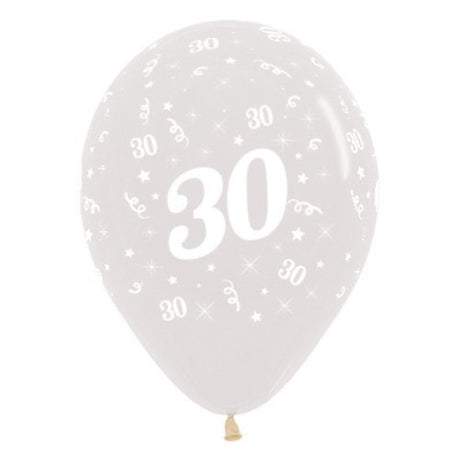 Crystal clear latex balloons with jeweled "30" print, perfect for elegant 30th birthday celebrations - pack of 25.