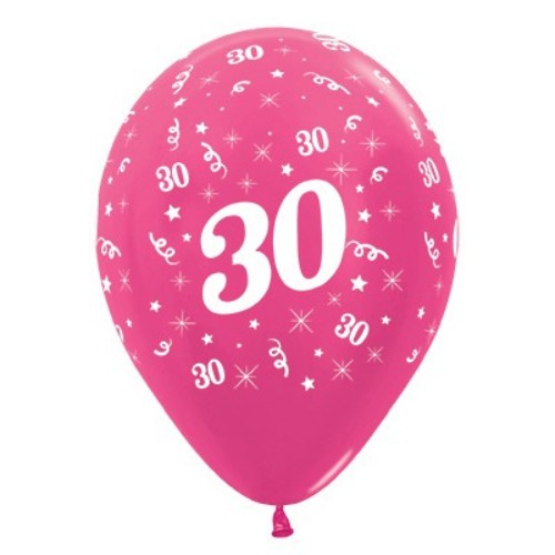 A pack of 25 fuchsia metallic pearl balloons celebrating age 30, perfect for birthday decor and festive occasions.