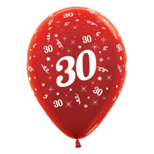 25 red metallic pearl balloons featuring "Age 30" for celebrations, perfect for creating festive displays and memorable decorations.