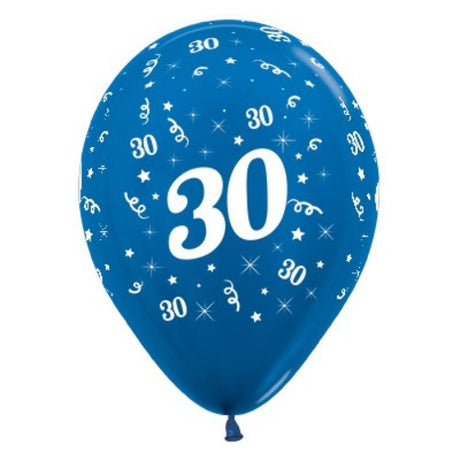 Pack of 25 blue metallic pearl balloons with "Age 30" for elegant birthday celebrations and party décor.