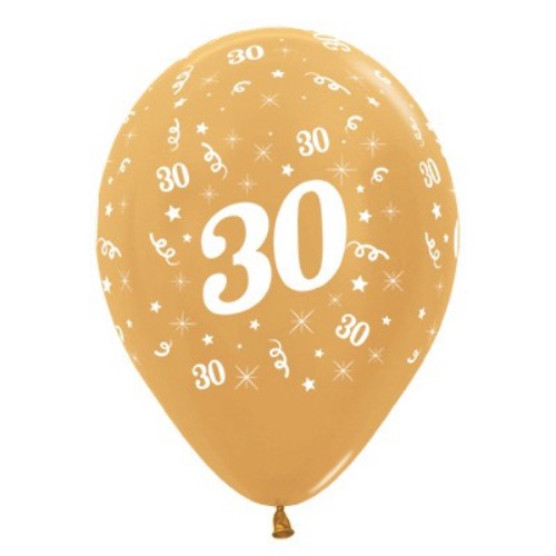 Pack of 25 gold metallic pearl balloons celebrating age 30, perfect for elegant birthday party decorations.