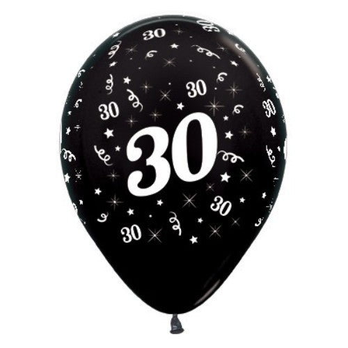 Black metallic pearl balloons for a 30th birthday, pack of 25, adding elegance to any celebration.