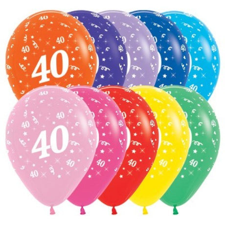 Colorful latex balloons celebrating the 40th birthday, featuring trendy designs in a pack of 25 for festive decorations.