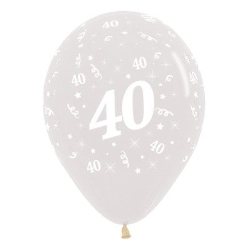 Pack of 25 crystal clear latex balloons celebrating 40th birthdays with vibrant jewel tones for elegant party decor.