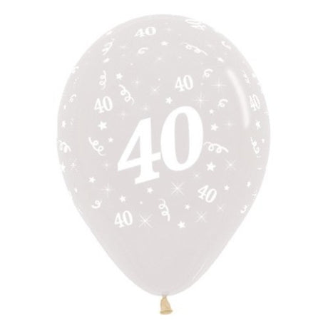 Pack of 25 crystal clear latex balloons celebrating 40th birthdays with vibrant jewel tones for elegant party decor.