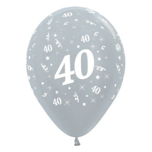 Pack of 25 silver metallic pearl balloons featuring the number 40, ideal for 40th birthday and anniversary celebrations.