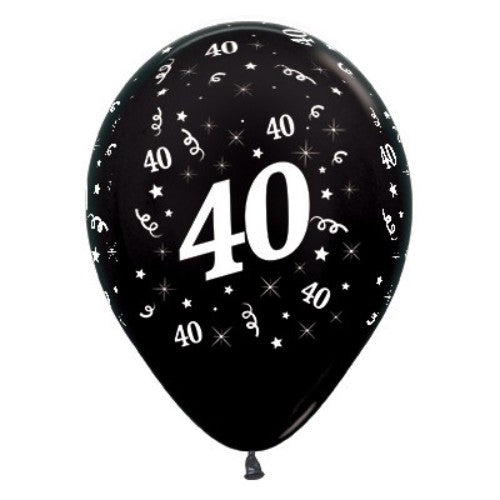 Pack of 25 black metallic pearl balloons for 40th birthday celebrations, featuring an elegant sheen and durable design.