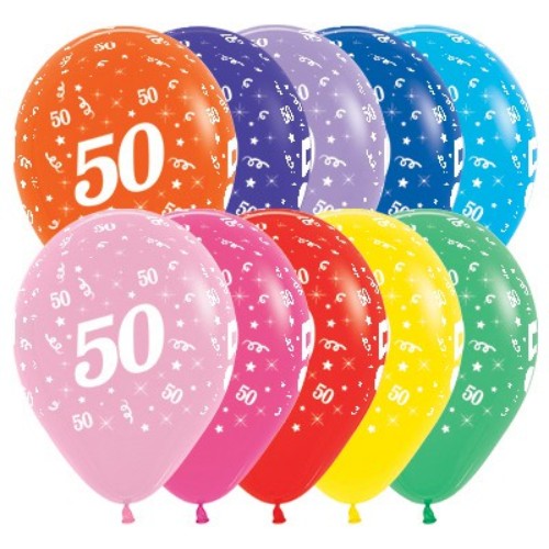 Vibrant pack of 25 Age 50 balloons in stylish designs for sophisticated birthday celebrations, suitable for indoor and outdoor use.