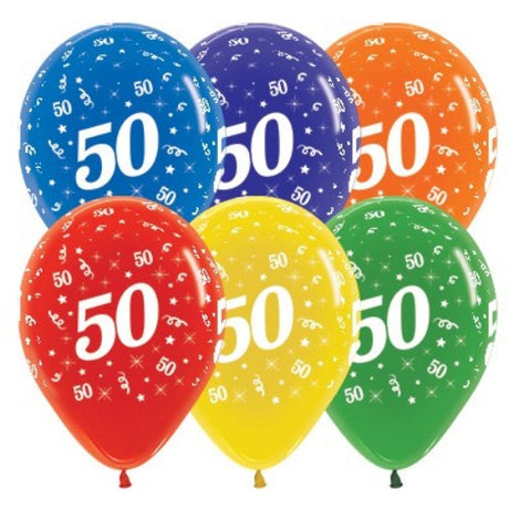 Pack of 25 vibrant 30cm latex balloons in jewel tones for stylish 50th birthday celebrations.