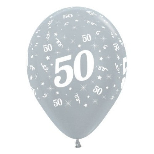 Pack of 25 silver metallic pearl balloons for 50th birthday celebrations, adding elegance to any party décor.