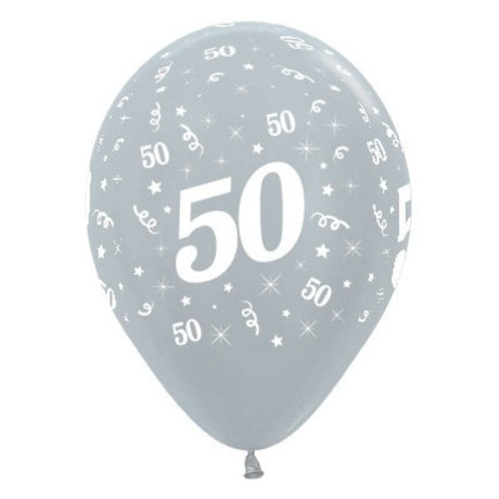 Pack of 25 silver metallic pearl balloons for 50th birthday celebrations, adding elegance to any party décor.