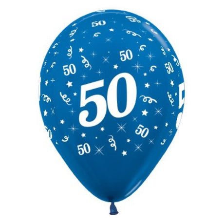 Pack of 25 blue metallic pearl balloons for 50th birthday celebrations, elegant 30cm latex balloons for any event.