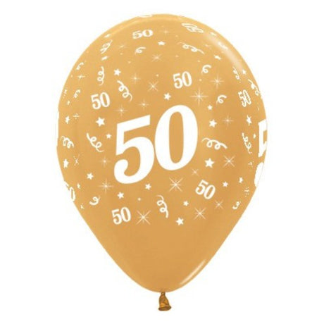 Gold metallic pearl balloons for 50th birthday, pack of 25, perfect for elegant party decorations and memorable celebrations.