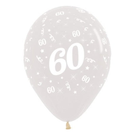 Pack of 25 crystal clear 30cm latex balloons celebrating age 60, perfect for elegant birthday and anniversary decorations.