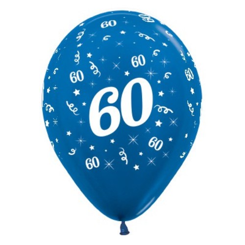 Blue metallic pearl balloons reading "Age 60," perfect for elegant birthday celebrations, pack of 25.