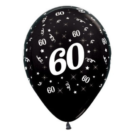 Pack of 25 elegant black metallic pearl balloons for celebrating a 60th birthday, each 30cm in size.