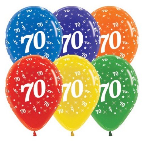 Vibrant pack of 25 latex balloons in jewel tones, celebrating Age 70 with elegance for any special occasion.