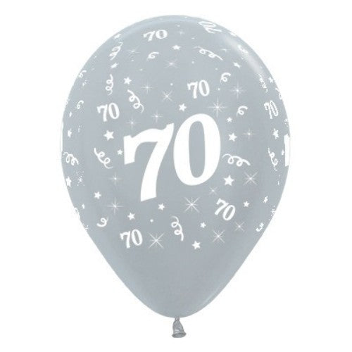 Silver metallic pearl balloons for 70th birthday, pack of 25, perfect for elegant celebrations and versatile decor.