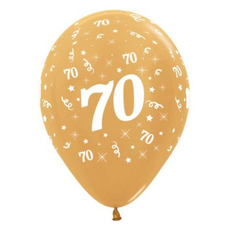 Gold metallic pearl balloons for 70th birthdays, elegant decor, pack of 25, durable latex, ideal for celebrations.