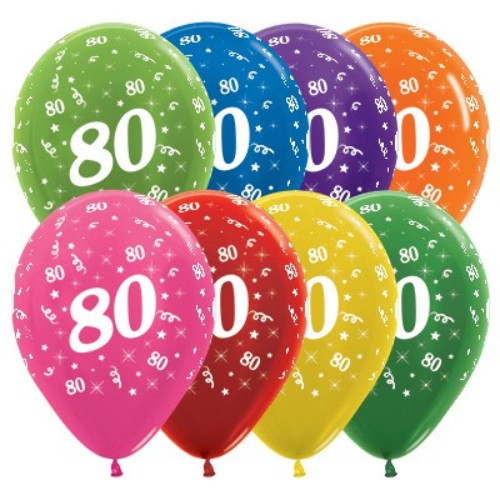 Vibrant pack of 25 metallic balloons celebrating an 80th birthday, featuring gold, silver, and festive colors.