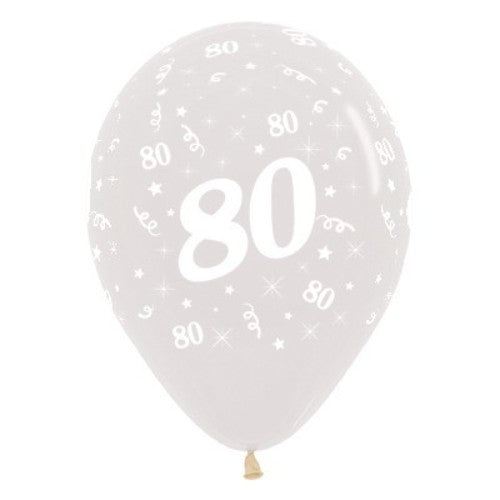 Elegant 30cm crystal clear balloons celebrating an 80th birthday, perfect for sophisticated party decor - pack of 25.