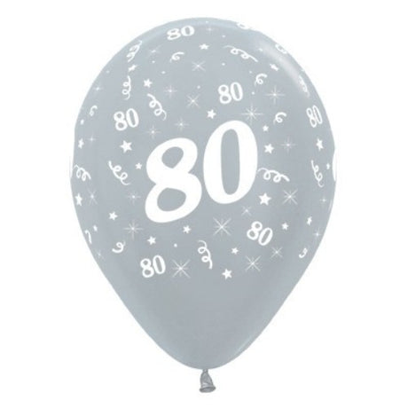 Pack of 25 silver metallic pearl balloons, ideal for an elegant 80th birthday celebration, measuring 30cm each.