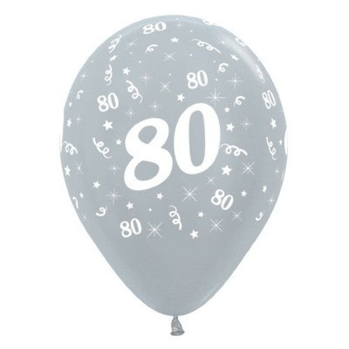 Pack of 25 silver metallic pearl balloons, ideal for an elegant 80th birthday celebration, measuring 30cm each.