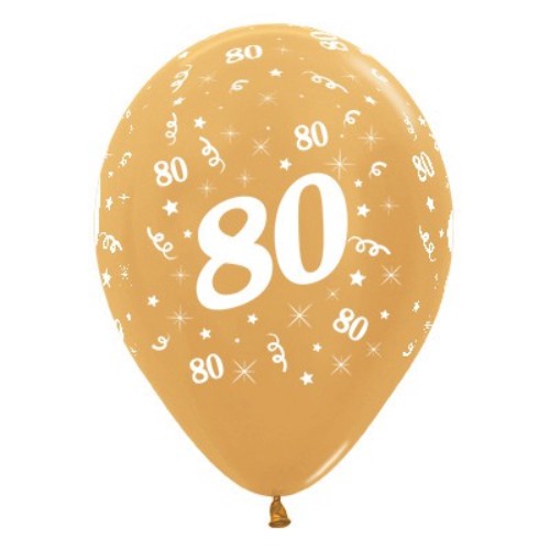 Pack of 25 gold metallic pearl balloons featuring "Age 80" for elegant birthday celebrations.