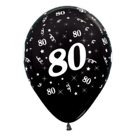 Pack of 25 black metallic pearl balloons celebrating an 80th birthday, perfect for elegant party decorations.
