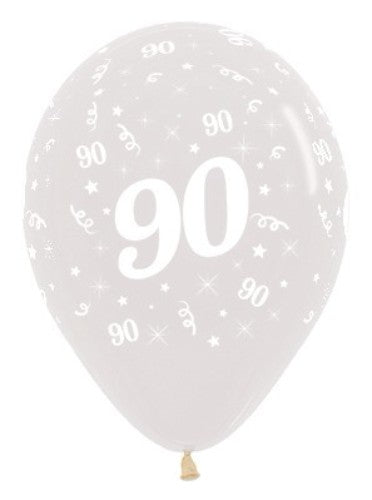 Pack of 25 elegant crystal-clear latex balloons designed for 90th birthday celebrations, measuring 30cm each.