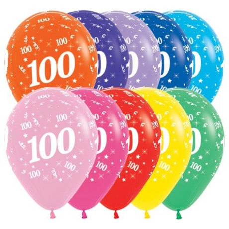 Vibrant 30cm latex balloons celebrating 100 years, ideal for centennial birthday parties, pack of 25 assorted designs.