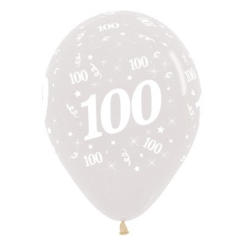 Pack of 25 crystal-clear latex balloons with '100' design, perfect for 100th birthday celebrations.