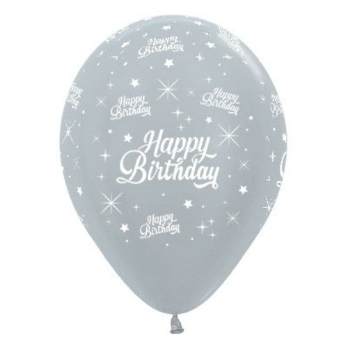 30cm silver metallic latex balloons with twinkling stars, perfect for birthday celebrations, pack of 6 for festive decor.