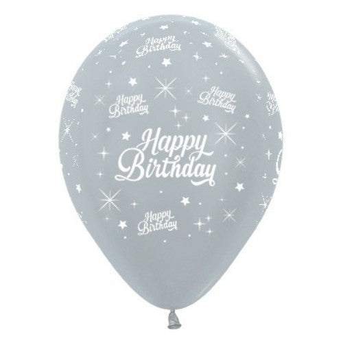 30cm Happy Birthday Silver Metallic 6PK Latex Balloons - Pack of 6