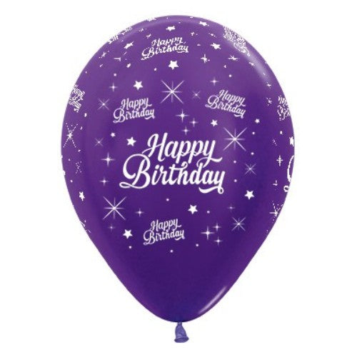 30cm Happy Birthday Purple Metallic 6PK Latex Balloons - Pack of 6