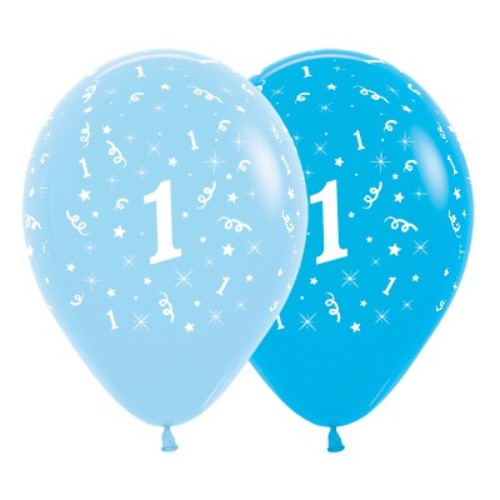 Pack of 6 vibrant blue latex balloons celebrating a baby's first birthday, perfect for indoor and outdoor decorations.