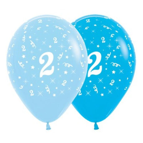 Bright blue latex balloons with "Age 2" design, perfect for birthday celebrations, packaged in a set of six.