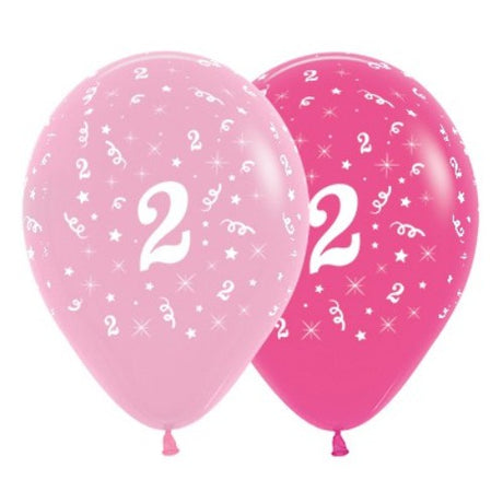 Pack of 6 vibrant pink latex balloons with playful '2' design, perfect for celebrating a second birthday.